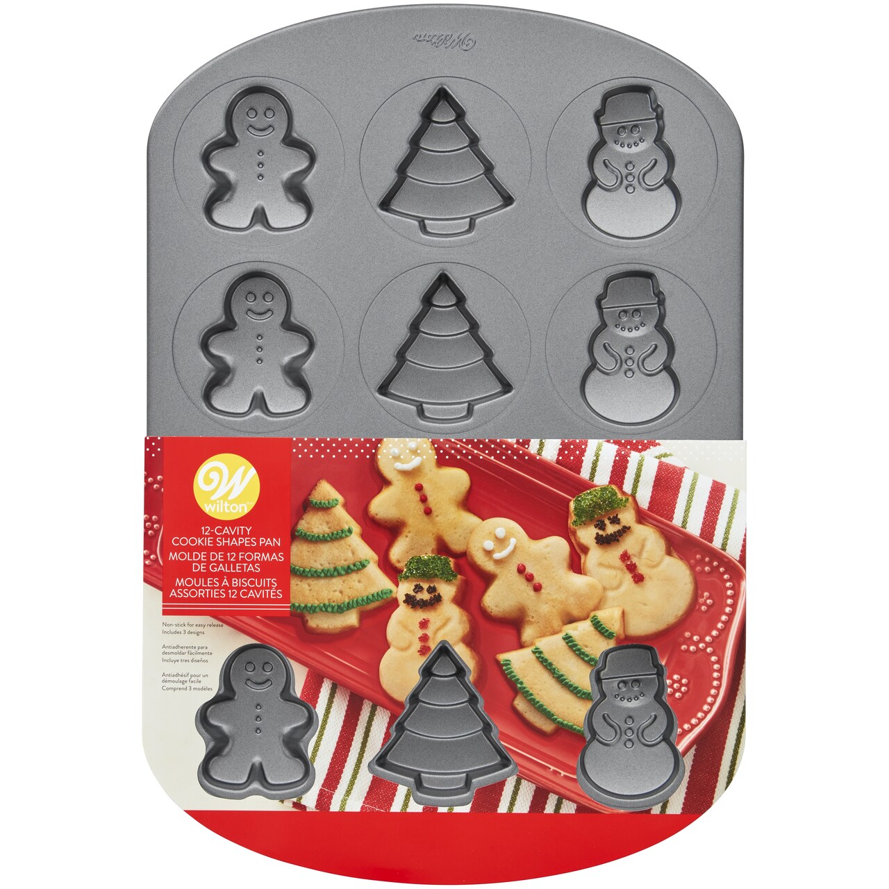 Wilton Non-Stick Shapes Cookie Pan-Gingerbread Man/Tree/Snowman, 12 Cavity
